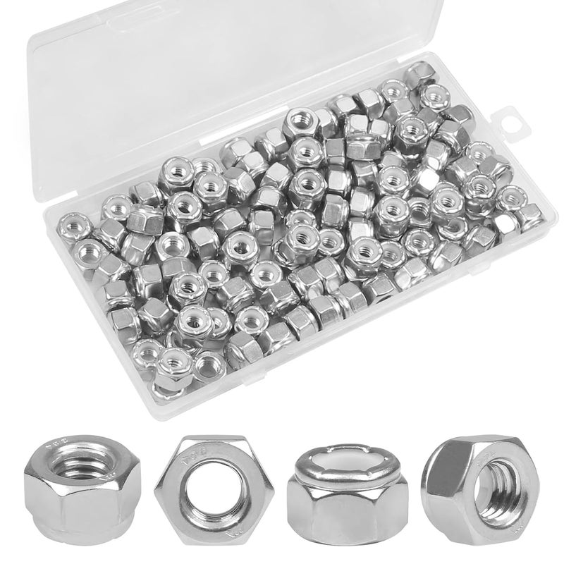 Yinpecly 110PCS 1/4"-20 Nylon Insert Hex Lock Nuts,304 Stainless Steel Locknuts,Hex Drive,Coarse Thread,Self-Locking Nuts for Industrial Construction Fasteners - Image 1